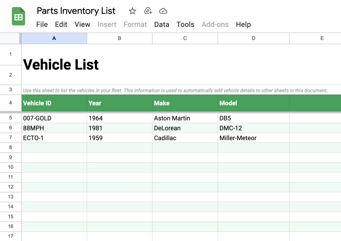 Example of vehicle assignments on parts inventory spreadsheet
