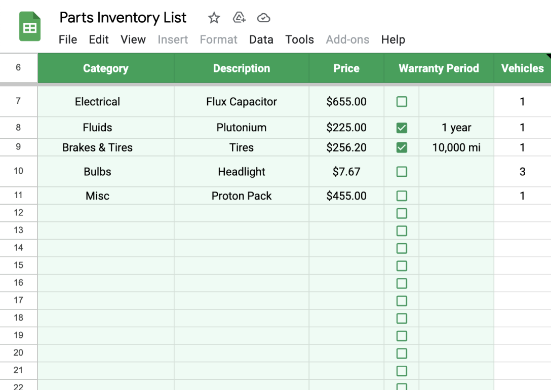 Example of warranty details on parts inventory spreadsheet
