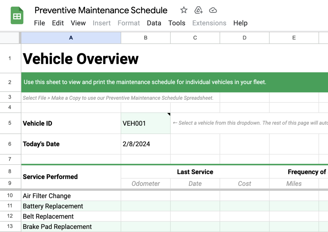 Example of simple breakdown of maintenance by vehicle on preventive maintenance schedule spreadsheet
