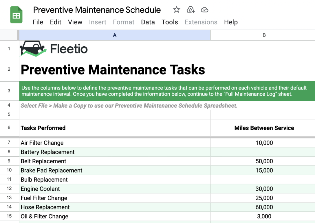 Example of common maintenance tasks on preventive maintenance schedule spreadsheet