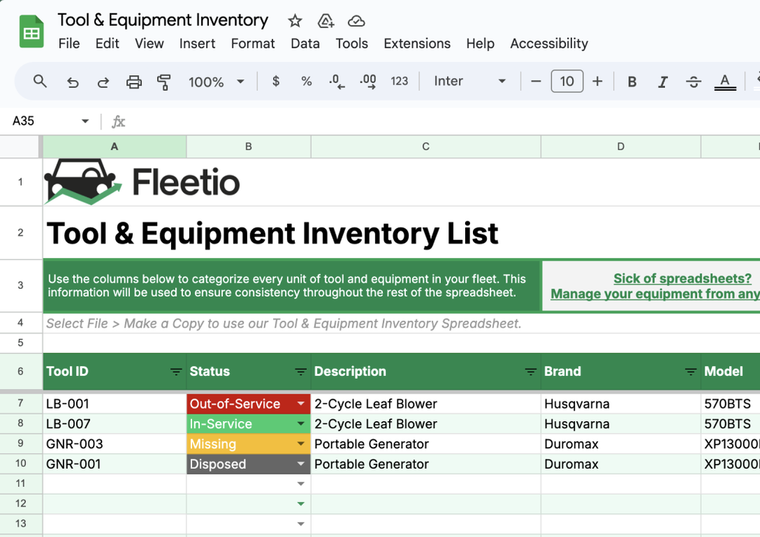 Screenshot of a free downloadable tool and equipment inventory spreadsheet template for organized asset tracking.