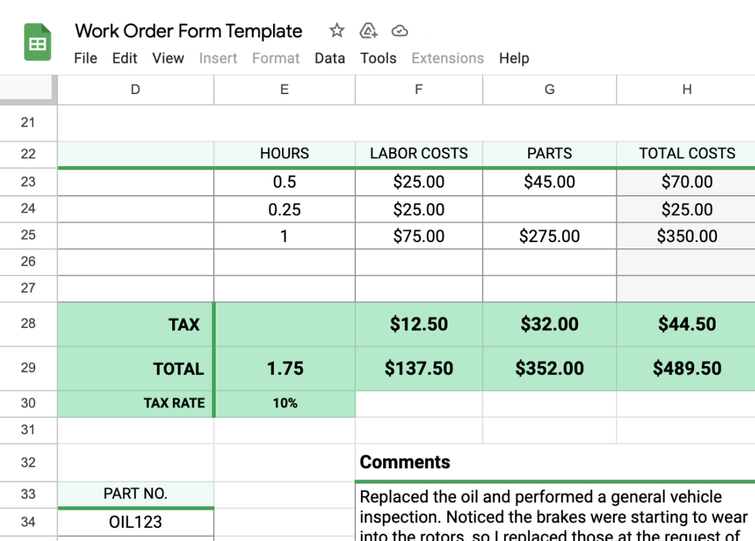 Example of total costs on work order log spreadsheet