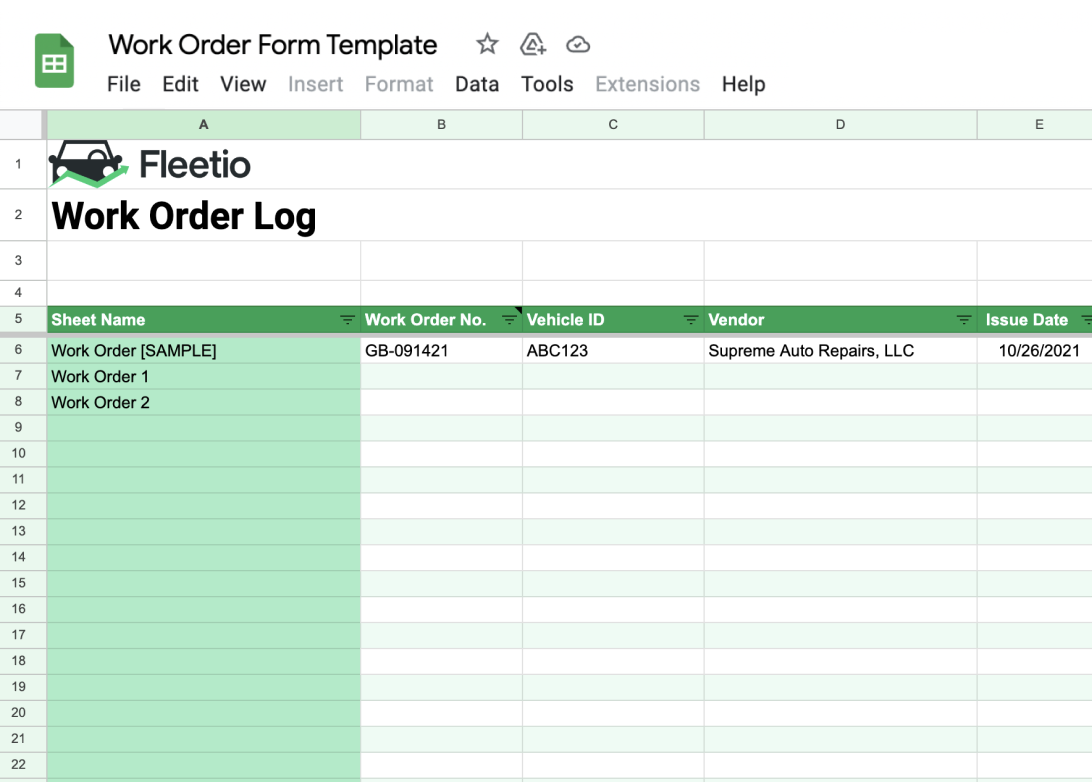 Example of service recommendations on work order log spreadsheet