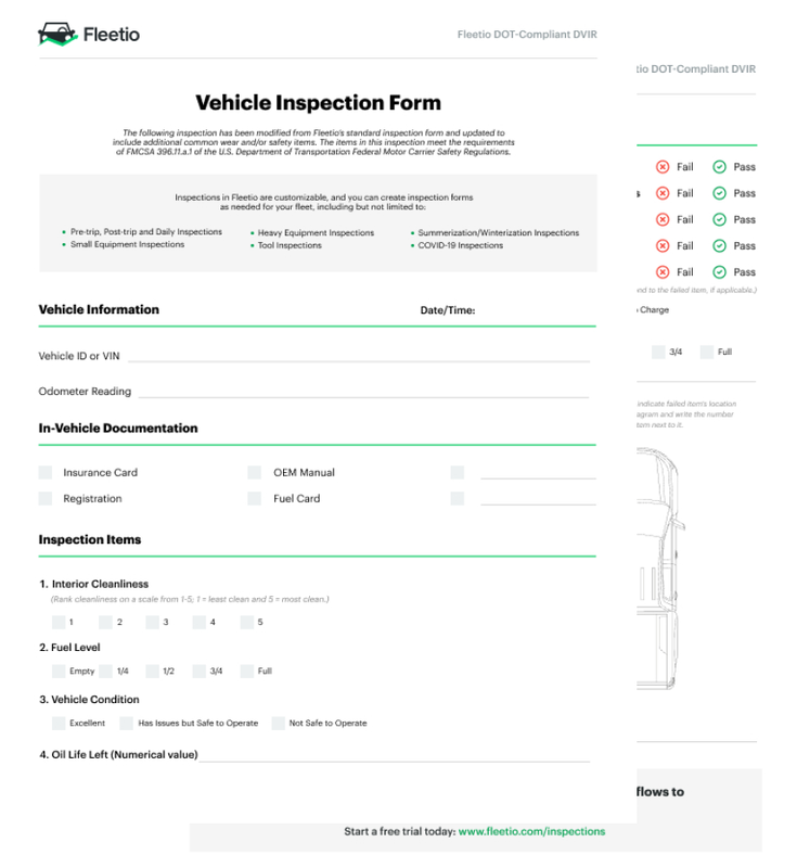 Screenshot of a free printable DOT-compliant vehicle inspection form template for documenting car inspections and maintenance checks.