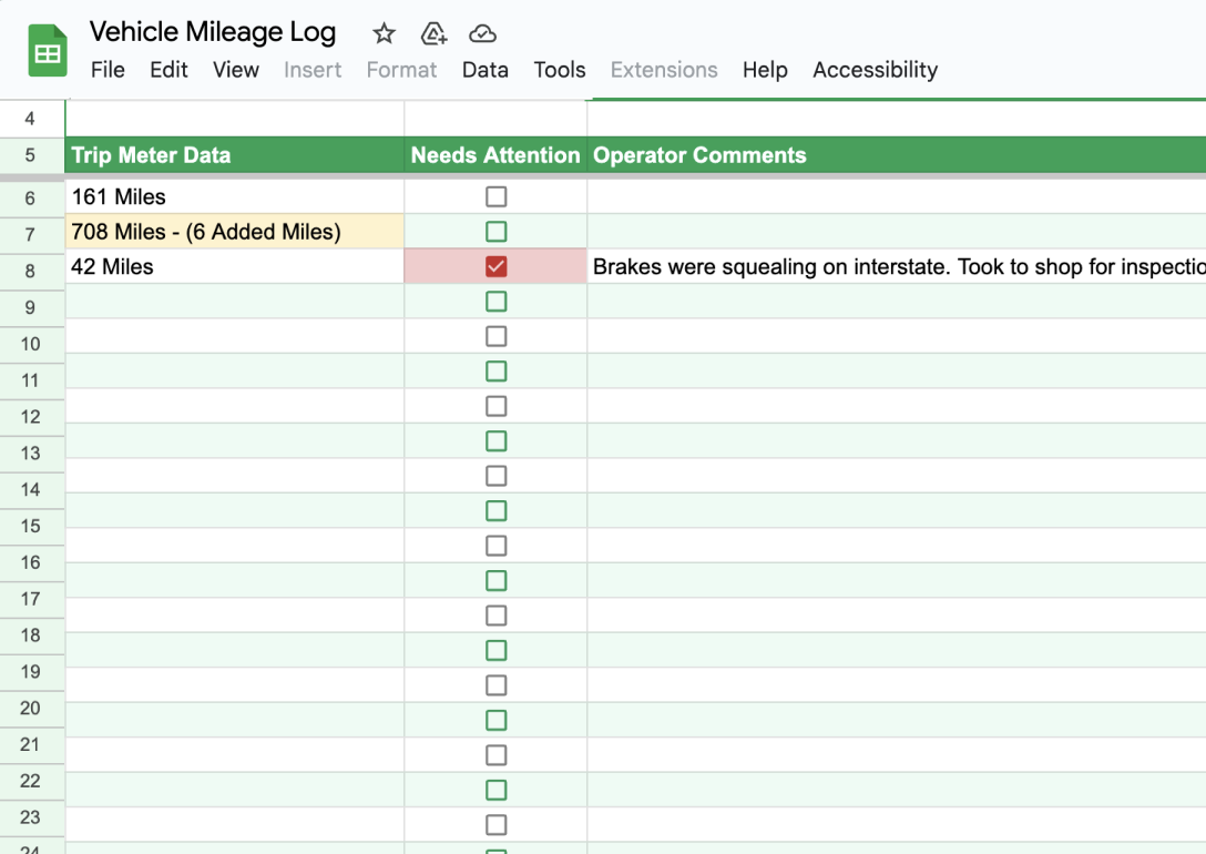 Mobile-friendly view of the PDF mileage log template showing odometer start/end and trip summary