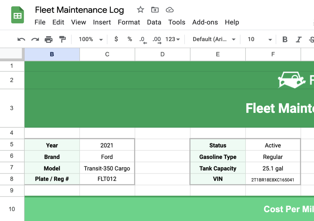 Example of vehicle specs on fleet maintenance log spreadsheet