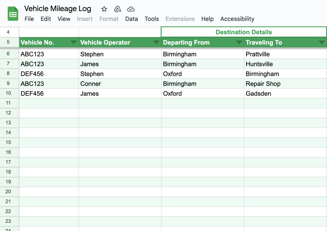Preview of the Google Sheets version of Fleetio’s mileage log template, optimized for team sharing