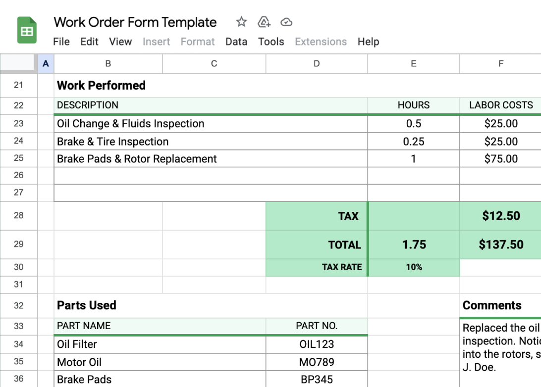 Example of work performed on work order form spreadsheet