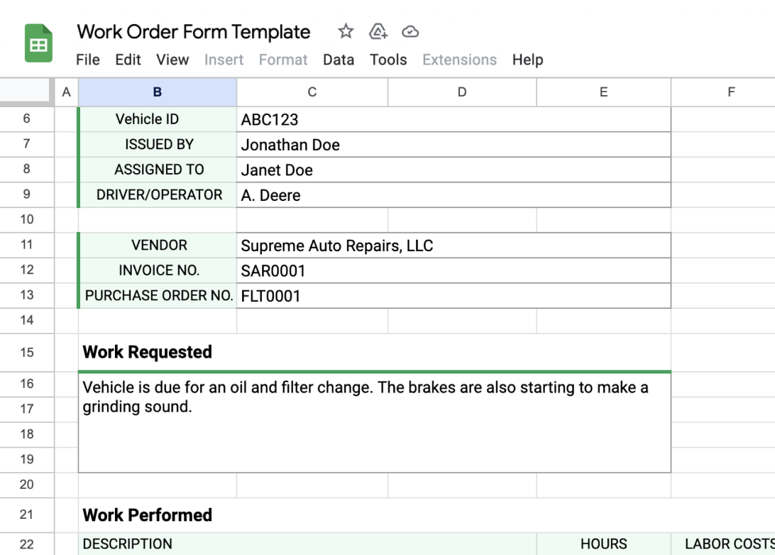 Example of work requested on work order form spreadsheet